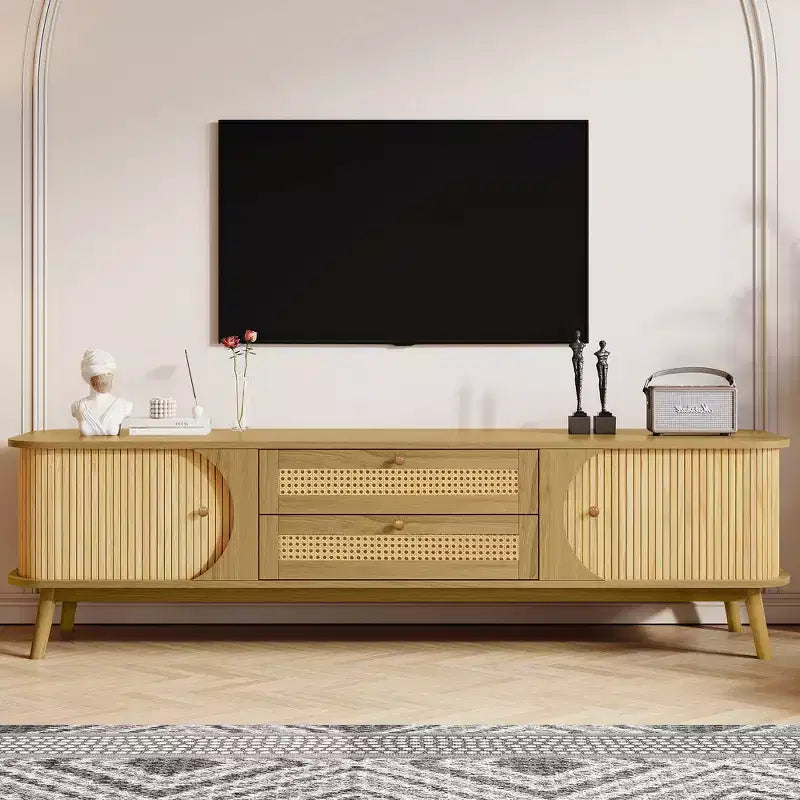 Clihome Rattan TV Stand for TVs up to 75'', Modern Farmhouse Media Console, Entertainment Center with Solid Wood Legs, TV Cabinet for Living Room