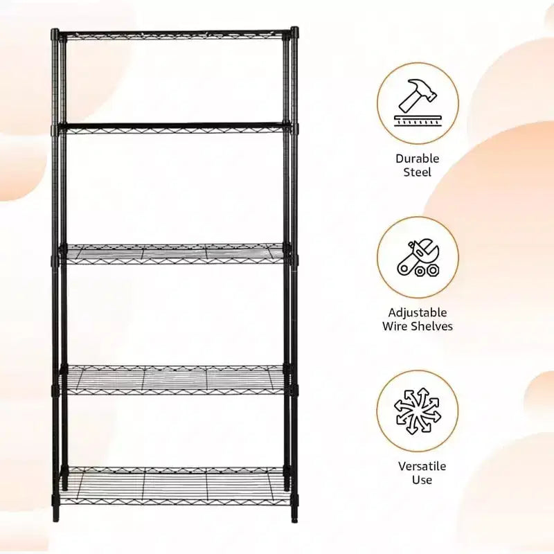 5 - Shelf Heavy Duty Steel Wire Rack Storage Shelving Organizer Kitchen Garage 36 Inch Lx 14 Inch Wx 72 Inch H Black Adjustable