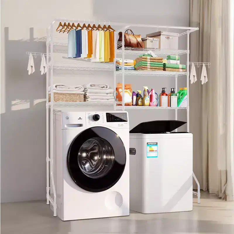 VEVOR Over Washer and Dryer Storage Shelves, 6 Tiers Laundry Room Drying Rack with Hanger Rod and Hooks, Two Rows Adjustable Washer Shelves, White