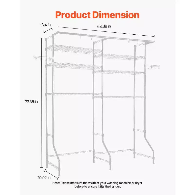 VEVOR Over Washer and Dryer Storage Shelves, 6 Tiers Laundry Room Drying Rack with Hanger Rod and Hooks, Two Rows Adjustable Washer Shelves, White