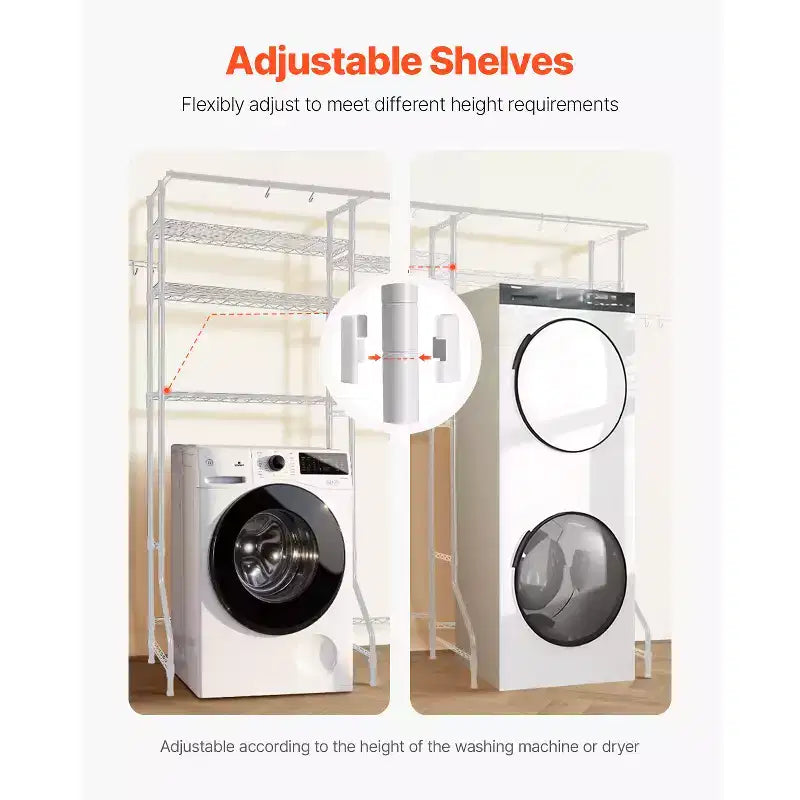 VEVOR Over Washer and Dryer Storage Shelves, 6 Tiers Laundry Room Drying Rack with Hanger Rod and Hooks, Two Rows Adjustable Washer Shelves, White
