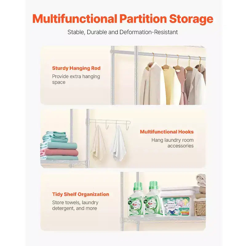 VEVOR Over Washer and Dryer Storage Shelves, 6 Tiers Laundry Room Drying Rack with Hanger Rod and Hooks, Two Rows Adjustable Washer Shelves, White