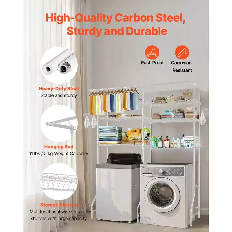 VEVOR Over Washer and Dryer Storage Shelves, 6 Tiers Laundry Room Drying Rack with Hanger Rod and Hooks, Two Rows Adjustable Washer Shelves, White