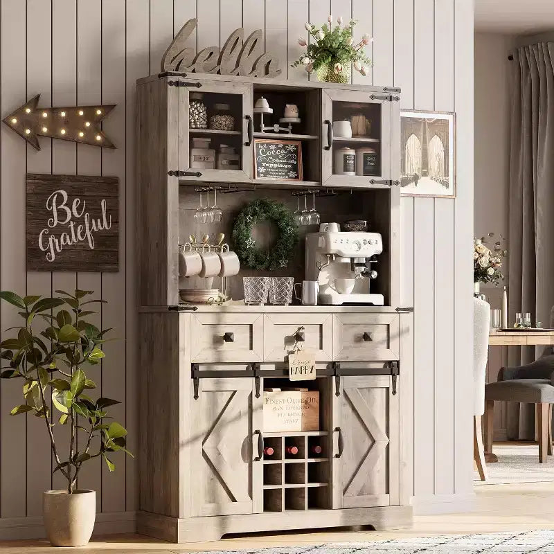 72 Inch Farmhouse Bar Cabinet with Sliding Barn Door, Washed Gray Finish Sideboard with 3 Drawers and Wine Storage, Multi-Purpose Storage Hutch