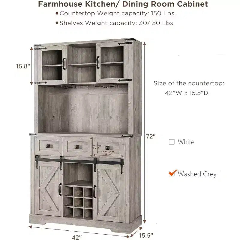 72 Inch Farmhouse Bar Cabinet with Sliding Barn Door, Washed Gray Finish Sideboard with 3 Drawers and Wine Storage, Multi-Purpose Storage Hutch