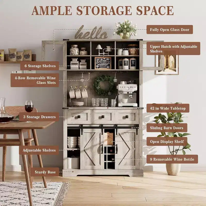 72 Inch Farmhouse Bar Cabinet with Sliding Barn Door, Washed Gray Finish Sideboard with 3 Drawers and Wine Storage, Multi-Purpose Storage Hutch
