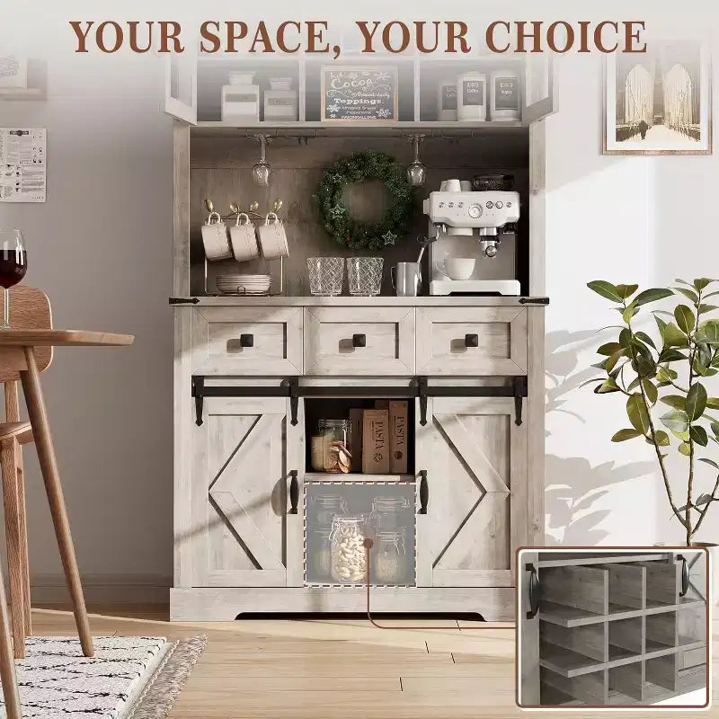 72 Inch Farmhouse Bar Cabinet with Sliding Barn Door, Washed Gray Finish Sideboard with 3 Drawers and Wine Storage, Multi-Purpose Storage Hutch