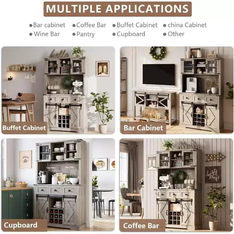 72 Inch Farmhouse Bar Cabinet with Sliding Barn Door, Washed Gray Finish Sideboard with 3 Drawers and Wine Storage, Multi-Purpose Storage Hutch