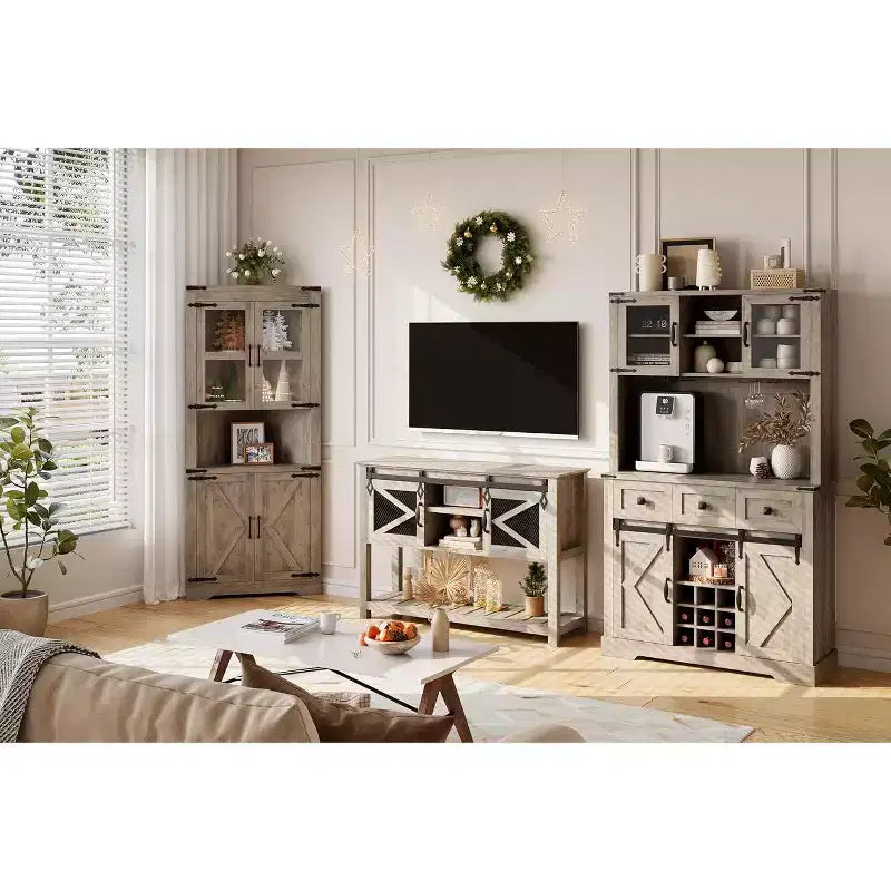 72 Inch Farmhouse Bar Cabinet with Sliding Barn Door, Washed Gray Finish Sideboard with 3 Drawers and Wine Storage, Multi-Purpose Storage Hutch