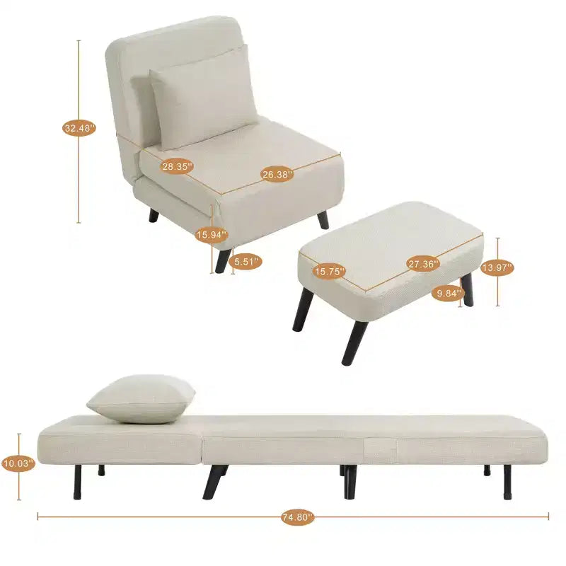 TUYOHW 3-in-1 Foldable Linen Chaise Lounge,Accent Chair with Footrest,Detachable Pillow,Adjustable Backrest,Convertible Sofa Bed for Living Room
