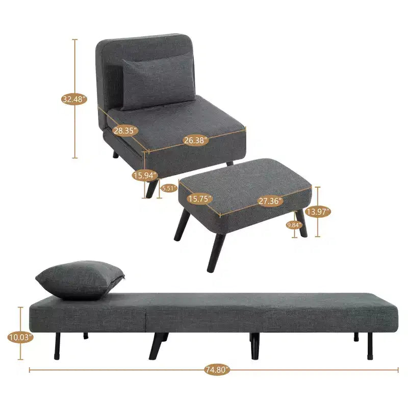 TUYOHW 3-in-1 Foldable Linen Chaise Lounge,Accent Chair with Footrest,Detachable Pillow,Adjustable Backrest,Convertible Sofa Bed for Living Room