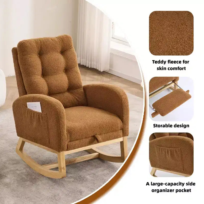 TUYOHW Accent Rocking Chair,High Back Rocker with Footrest,Rubber Wood Legs,Storage Pocket,Upholstered Chair for Living Room,Bedroom,Nursery