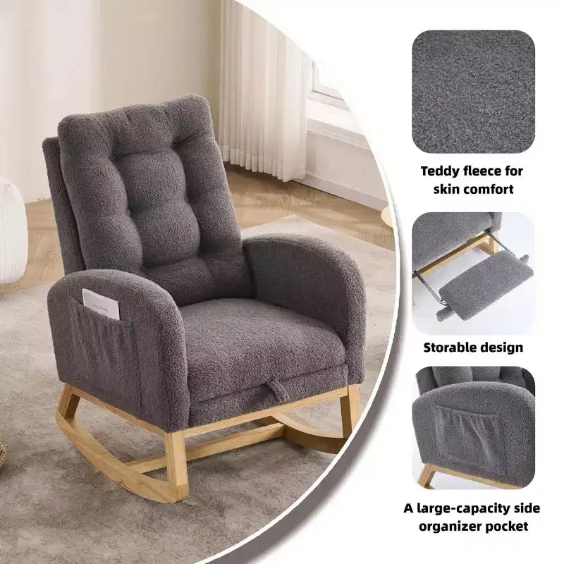 TUYOHW Accent Rocking Chair,High Back Rocker with Footrest,Rubber Wood Legs,Storage Pocket,Upholstered Chair for Living Room,Bedroom,Nursery