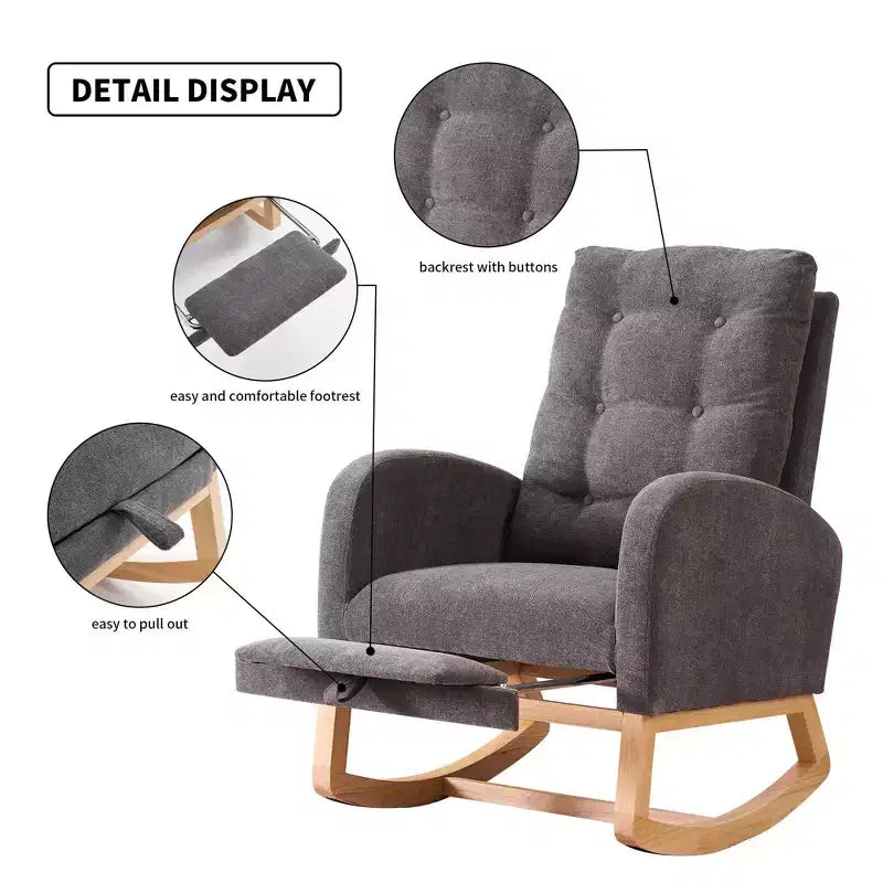 TUYOHW Accent Rocking Chair,High Back Rocker with Footrest,Rubber Wood Legs,Storage Pocket,Upholstered Chair for Living Room,Bedroom,Nursery
