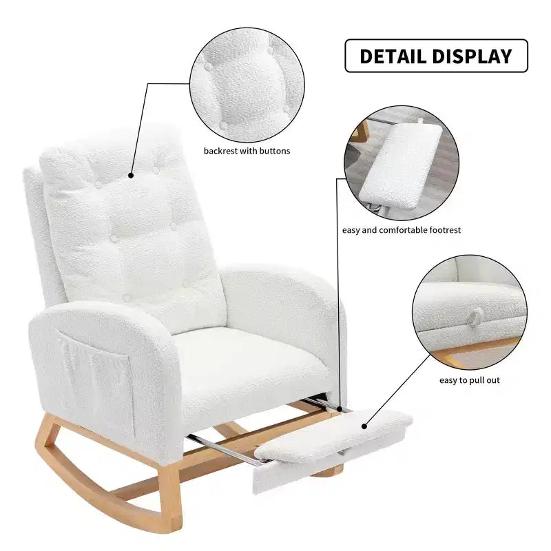 TUYOHW Accent Rocking Chair,High Back Rocker with Footrest,Rubber Wood Legs,Storage Pocket,Upholstered Chair for Living Room,Bedroom,Nursery