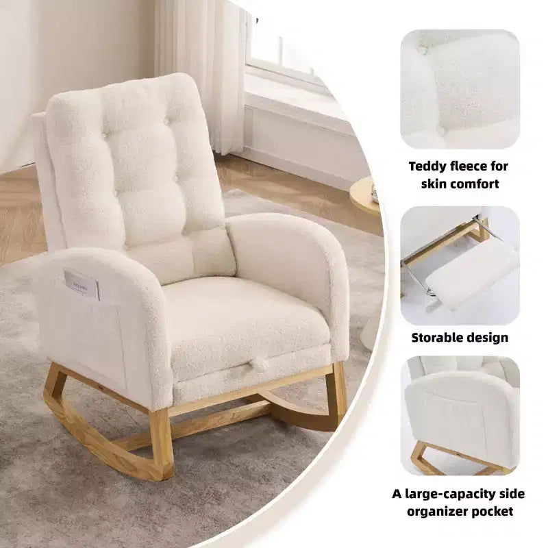 TUYOHW Accent Rocking Chair,High Back Rocker with Footrest,Rubber Wood Legs,Storage Pocket,Upholstered Chair for Living Room,Bedroom,Nursery