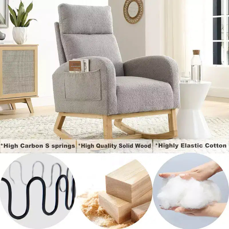 TUYOHW Modern High Backrest Rocking Chair,Teddy Fleece Upholstered Armchair with Side Pockets,27.6 Lounge Chair for Living Room,Bedroom,Balcony