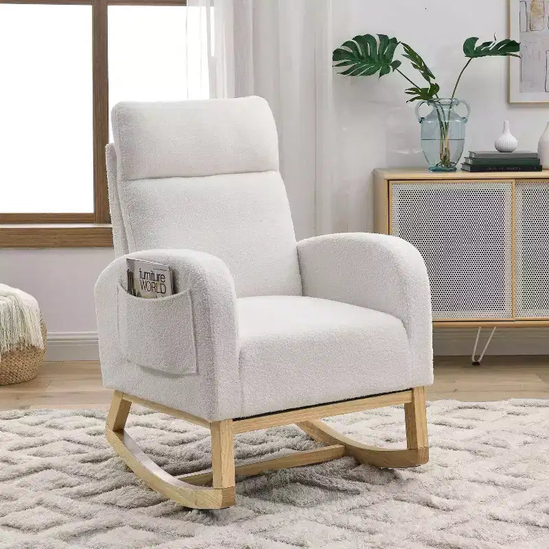 TUYOHW Modern High Backrest Rocking Chair,Teddy Fleece Upholstered Armchair with Side Pockets,27.6 Lounge Chair for Living Room,Bedroom,Balcony