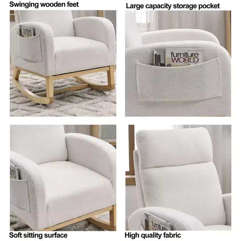 TUYOHW Modern High Backrest Rocking Chair,Teddy Fleece Upholstered Armchair with Side Pockets,27.6 Lounge Chair for Living Room,Bedroom,Balcony