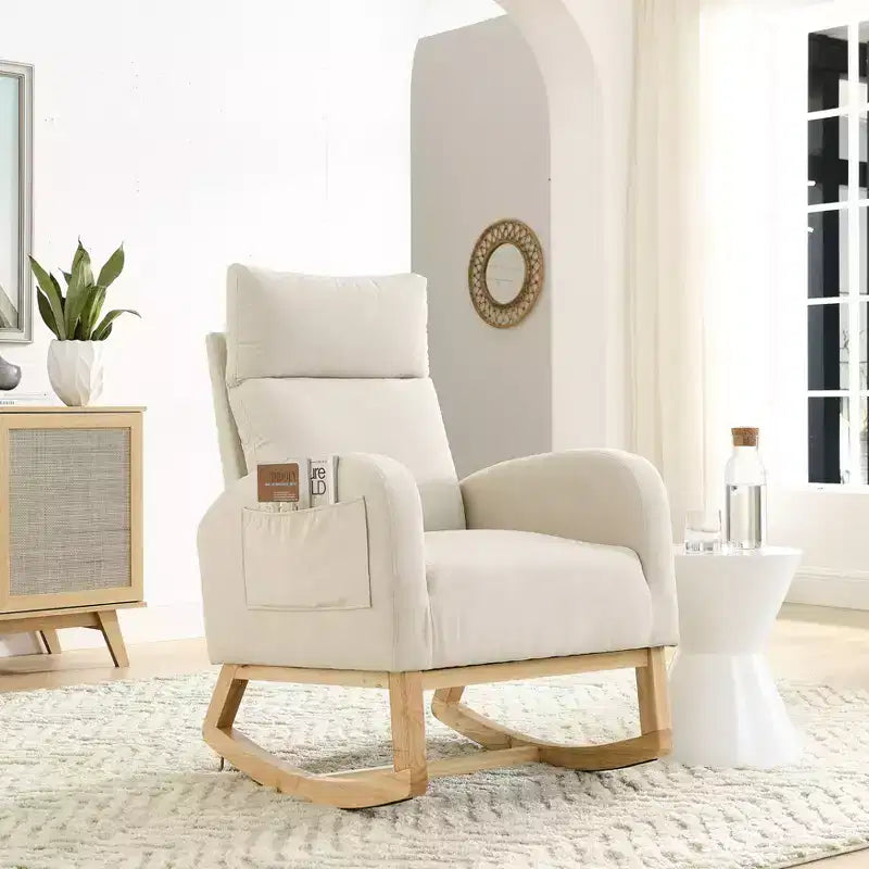 TUYOHW Modern High Backrest Rocking Chair,Teddy Fleece Upholstered Armchair with Side Pockets,27.6 Lounge Chair for Living Room,Bedroom,Balcony