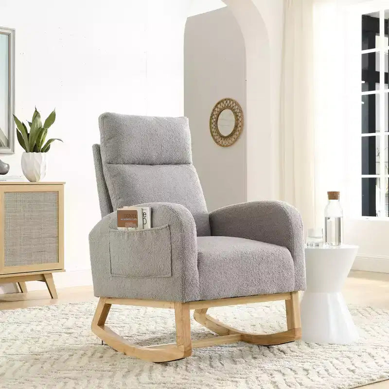 TUYOHW Modern High Backrest Rocking Chair,Teddy Fleece Upholstered Armchair with Side Pockets,27.6 Lounge Chair for Living Room,Bedroom,Balcony