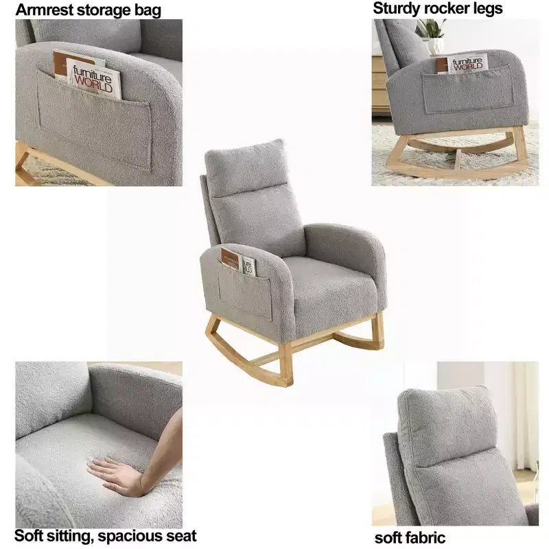 TUYOHW Modern High Backrest Rocking Chair,Teddy Fleece Upholstered Armchair with Side Pockets,27.6 Lounge Chair for Living Room,Bedroom,Balcony