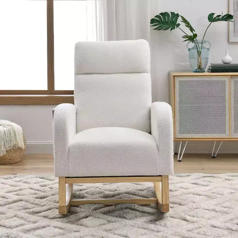 TUYOHW Modern High Backrest Rocking Chair,Teddy Fleece Upholstered Armchair with Side Pockets,27.6 Lounge Chair for Living Room,Bedroom,Balcony