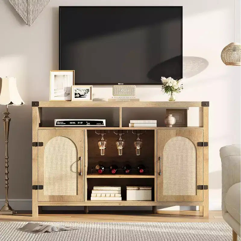 59 Inch Natural Rattan Coffee Bar Cabinet, Farmhouse Style with Wine Racks and Storage, Multi-Purpose Sideboard for Living Room and Entryway
