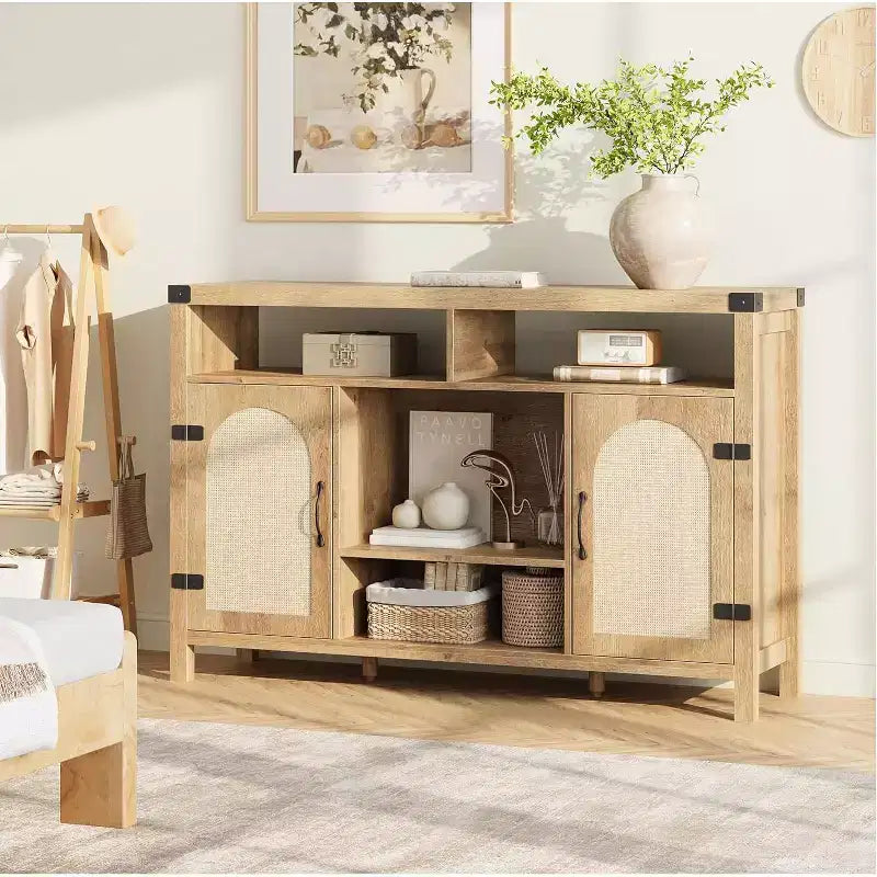 59 Inch Natural Rattan Coffee Bar Cabinet, Farmhouse Style with Wine Racks and Storage, Multi-Purpose Sideboard for Living Room and Entryway