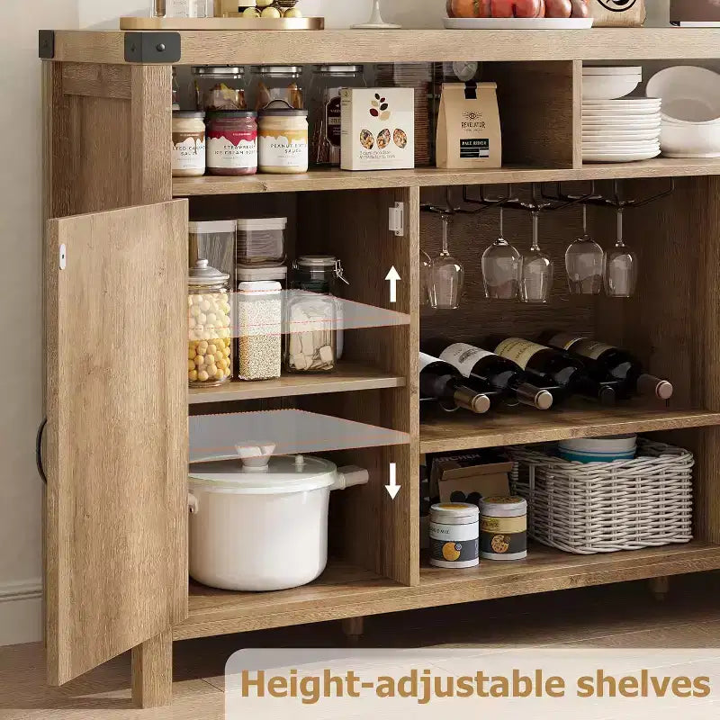 59 Inch Natural Rattan Coffee Bar Cabinet, Farmhouse Style with Wine Racks and Storage, Multi-Purpose Sideboard for Living Room and Entryway