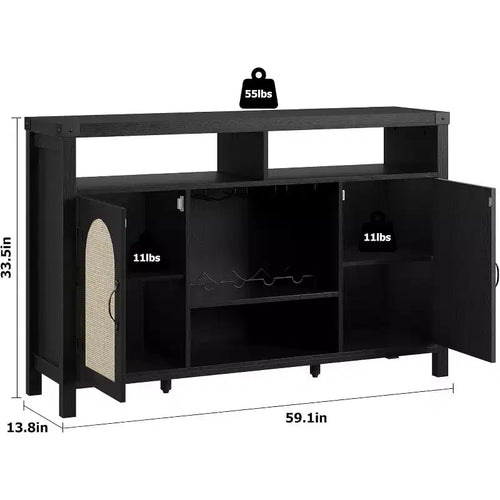 59 Inch Natural Rattan Coffee Bar Cabinet, Farmhouse Style with Wine Racks and Storage, Multi-Purpose Sideboard for Living Room and Entryway