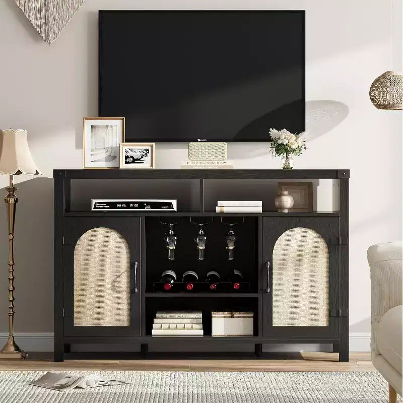 59 Inch Natural Rattan Coffee Bar Cabinet, Farmhouse Style with Wine Racks and Storage, Multi-Purpose Sideboard for Living Room and Entryway