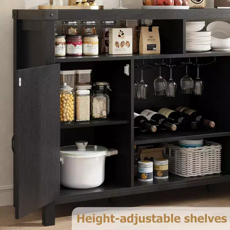 59 Inch Natural Rattan Coffee Bar Cabinet, Farmhouse Style with Wine Racks and Storage, Multi-Purpose Sideboard for Living Room and Entryway