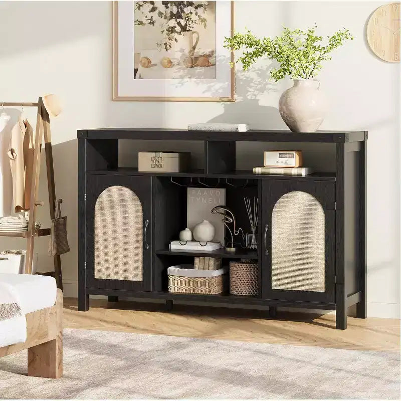 59 Inch Natural Rattan Coffee Bar Cabinet, Farmhouse Style with Wine Racks and Storage, Multi-Purpose Sideboard for Living Room and Entryway