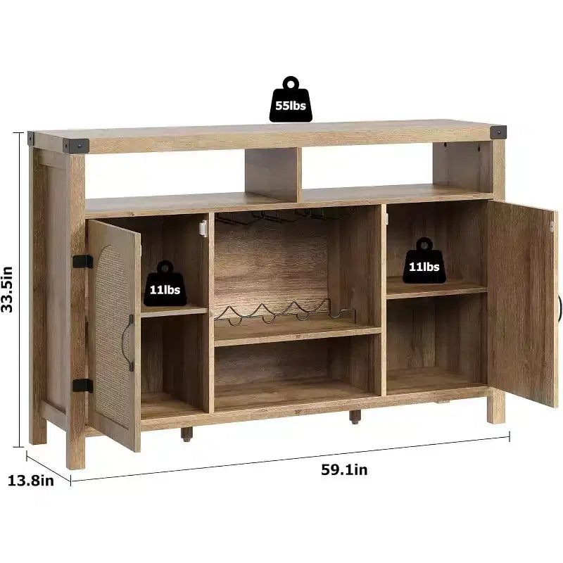 59 Inch Natural Rattan Coffee Bar Cabinet, Farmhouse Style with Wine Racks and Storage, Multi-Purpose Sideboard for Living Room and Entryway