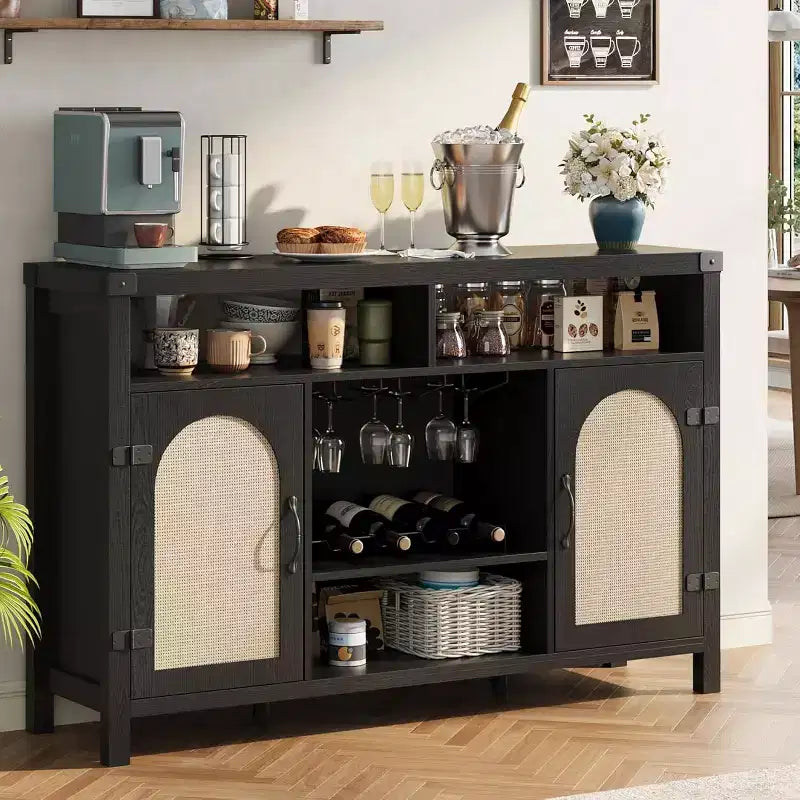 59 Inch Natural Rattan Coffee Bar Cabinet, Farmhouse Style with Wine Racks and Storage, Multi-Purpose Sideboard for Living Room and Entryway