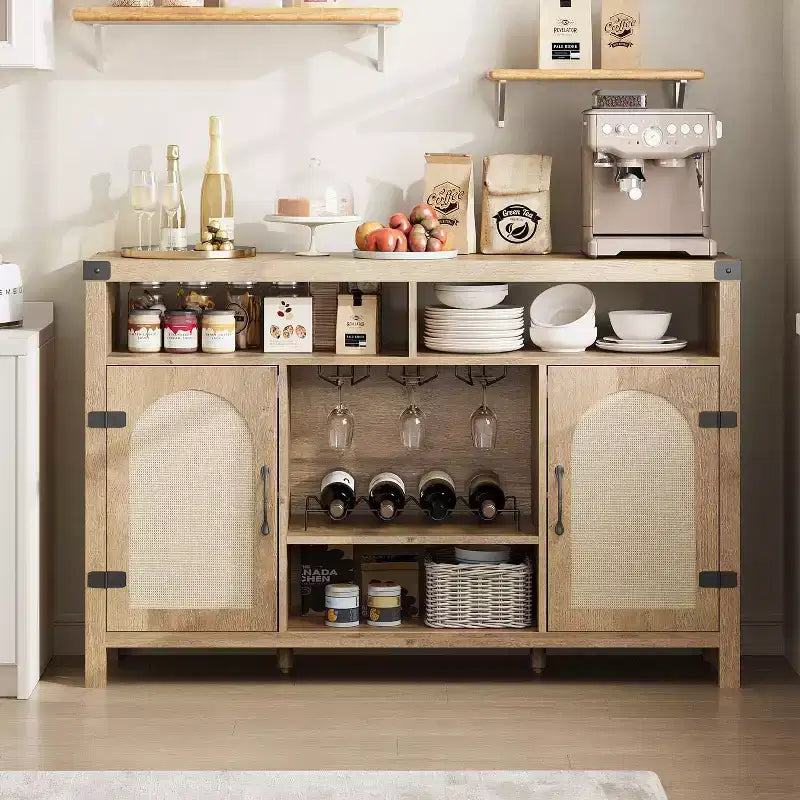 59 Inch Natural Rattan Coffee Bar Cabinet, Farmhouse Style with Wine Racks and Storage, Multi-Purpose Sideboard for Living Room and Entryway