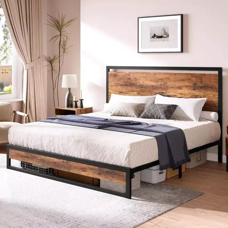 Bed Frame with Headboard and Footboard, Heavy Duty Slats Support with Under Bed Storage, Non-Slip, Easy Assembly, Rustic Brown (6 in, Twin)