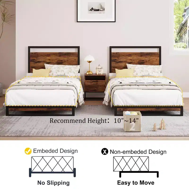 Bed Frame with Headboard and Footboard, Heavy Duty Slats Support with Under Bed Storage, Non-Slip, Easy Assembly, Rustic Brown (6 in, Twin)