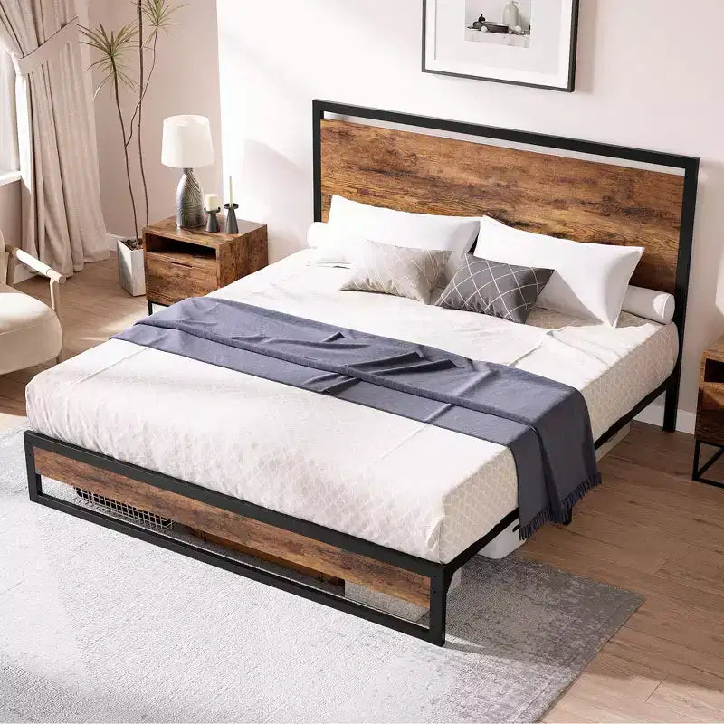 Bed Frame with Headboard and Footboard, Heavy Duty Slats Support with Under Bed Storage, Non-Slip, Easy Assembly, Rustic Brown (6 in, Twin)