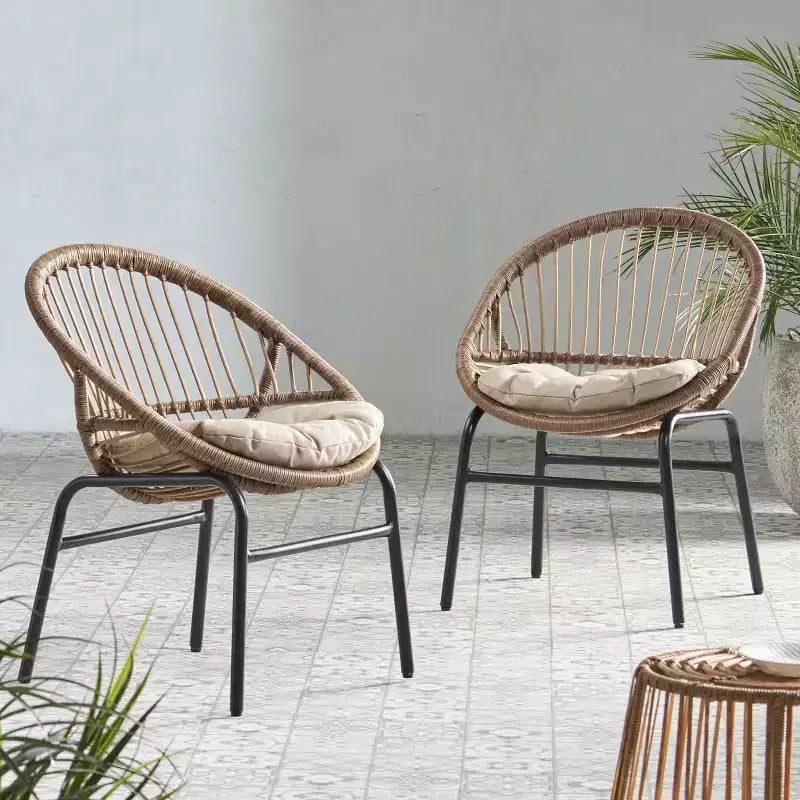 MAYEERTY Set of 2 Patio Boho Woven Rattan Outdoor Dining Chairs with Metal Frame & Water-Resistant Cushions