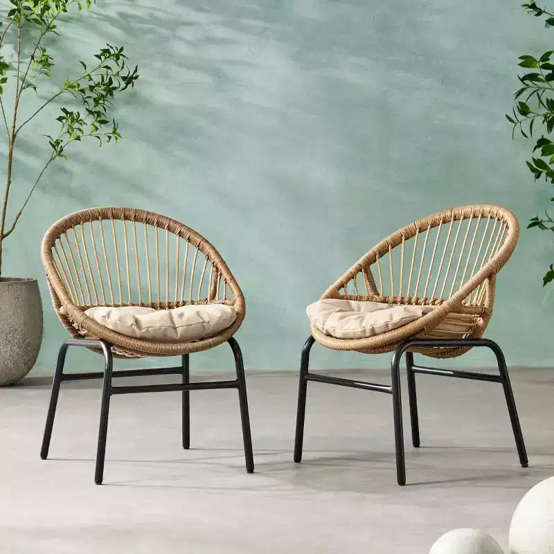 MAYEERTY Set of 2 Patio Boho Woven Rattan Outdoor Dining Chairs with Metal Frame & Water-Resistant Cushions