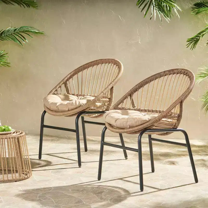 MAYEERTY Set of 2 Patio Boho Woven Rattan Outdoor Dining Chairs with Metal Frame & Water-Resistant Cushions