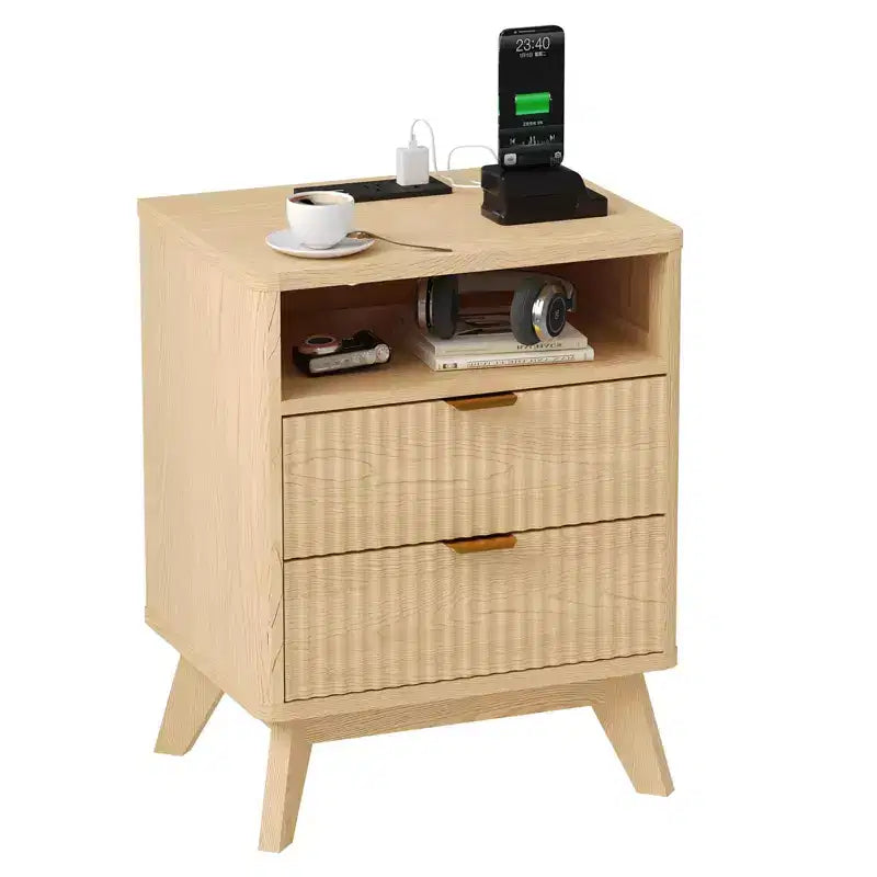 Modern Fluted Nightstand, Wood Bedside Table with USB Ports and Outlets, 2 Drawers and Open Shelf, Natural 1 Pack