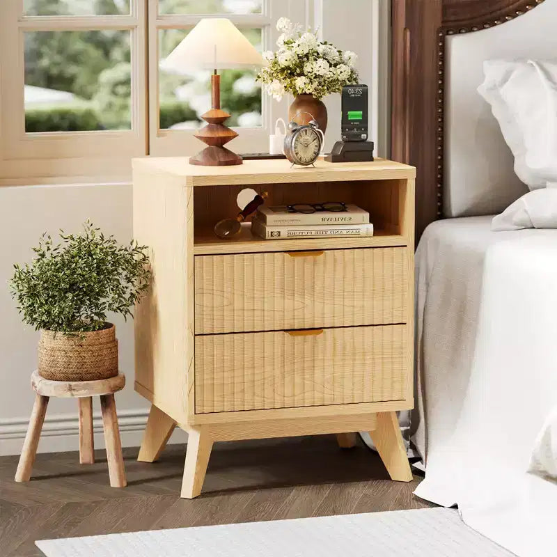 Modern Fluted Nightstand, Wood Bedside Table with USB Ports and Outlets, 2 Drawers and Open Shelf, Natural 1 Pack