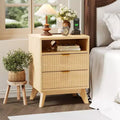 Modern Fluted Nightstand, Wood Bedside Table with USB Ports and Outlets, 2 Drawers and Open Shelf, Natural 1 Pack