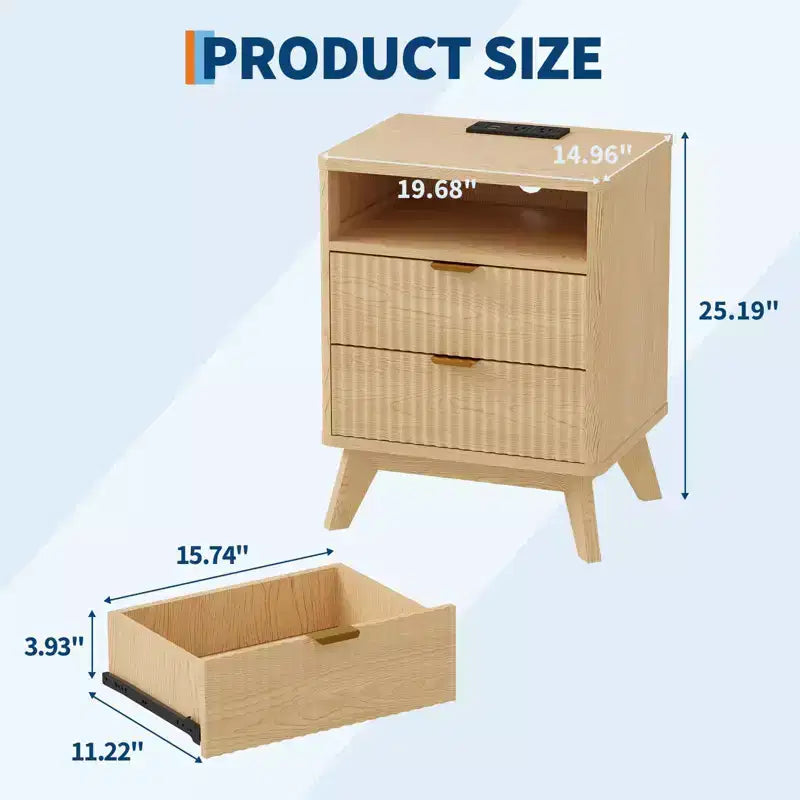 Modern Fluted Nightstand, Wood Bedside Table with USB Ports and Outlets, 2 Drawers and Open Shelf, Natural 1 Pack