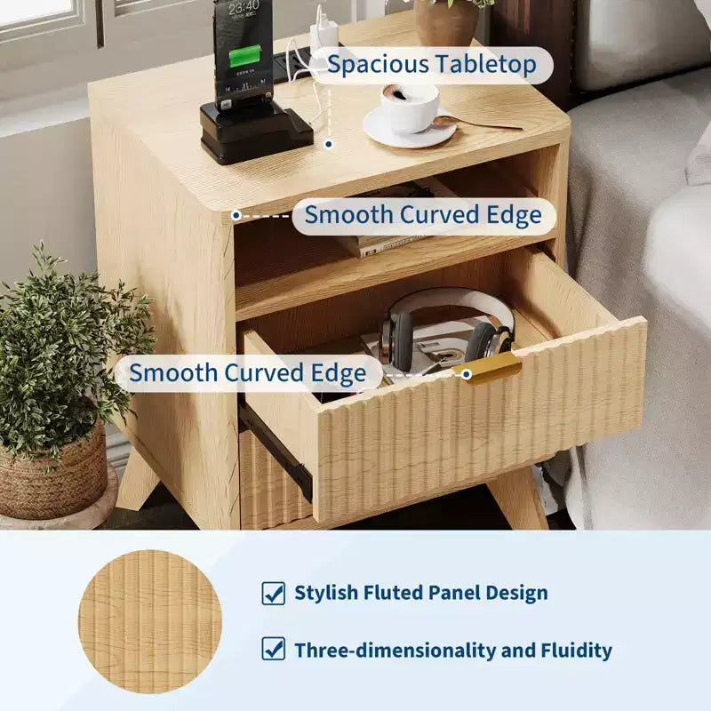 Modern Fluted Nightstand, Wood Bedside Table with USB Ports and Outlets, 2 Drawers and Open Shelf, Natural 1 Pack