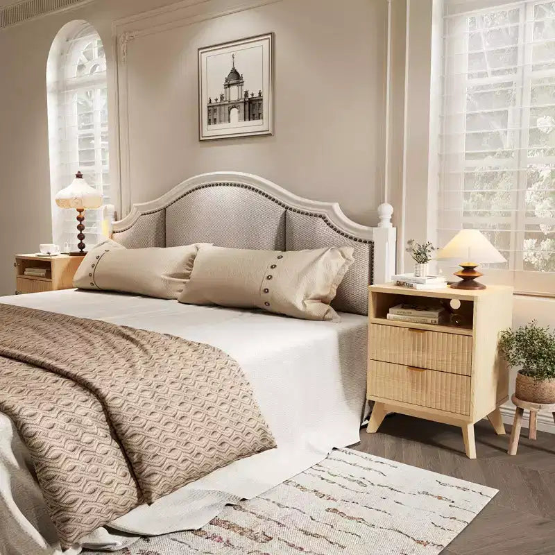 Modern Fluted Nightstand, Wood Bedside Table with USB Ports and Outlets, 2 Drawers and Open Shelf, Natural 1 Pack