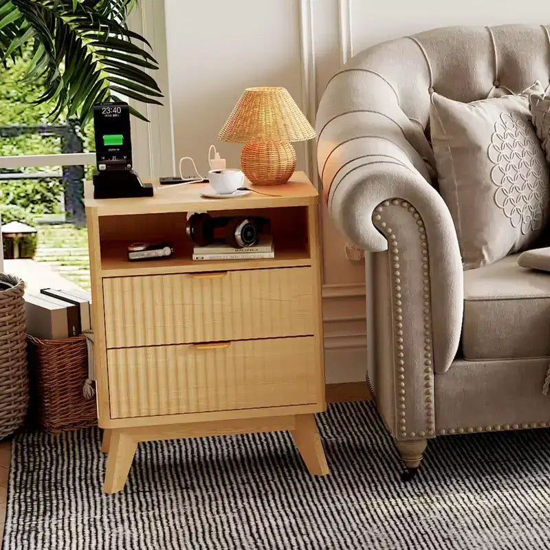 Modern Fluted Nightstand, Wood Bedside Table with USB Ports and Outlets, 2 Drawers and Open Shelf, Natural 1 Pack